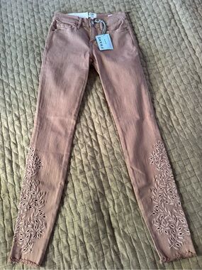 Frame Denim Skinny Jeans in Dusty Rose with Ankle Embroidery